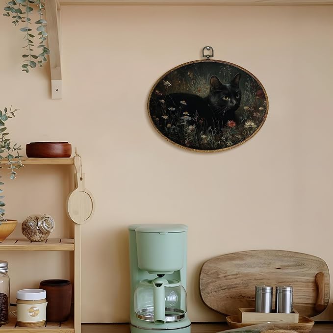 LKETW Vintage Black Cat Floral Oval Wall Art Decor, Dark Academia Cottagecore Black Cat Oval Canvas Hanging Decor, Rustic Moody Botanical Wall Decorations for Home Living Room Bedroom, 11.4x8.6 Inch