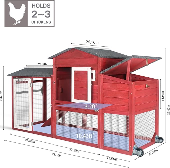 PetsCosset Chicken Coop Backyard Chicken House - Wooden Tractor Poultry House for Outdoor, with Chicken Nesting Box, Wheels, Waterproof Roof, Pull Out Tray