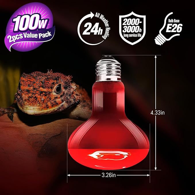Leoterra 100W High-Power Reptile Red Heat Lamp 2-Pack, Intense Infrared Night Heat Bulb with Thickened Glass, 2000+ Hours for Large Tortoise, Iguana, 40-75 Gal Tank E26 Base 110v