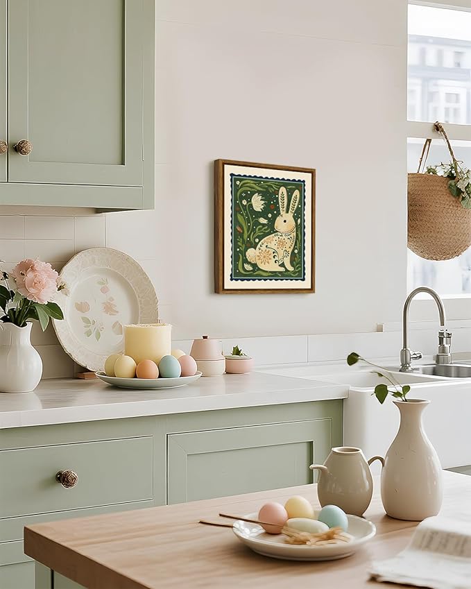 InSimSea Framed Canvas Wall Art for Living Room,Vintage Easter Bunny Decor Room Aesthetic,Neutral Rabbit Painting Picture Easter Decoration,Annimal Painting Pictures for Bedroom Kids Room- 8L x 10W