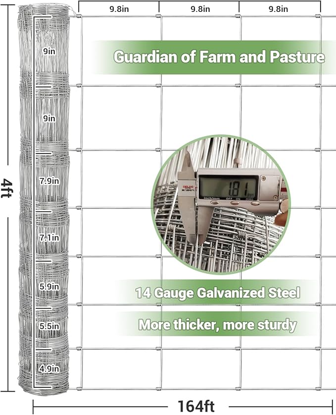 Cattle Farm Fence 4x164ft, Galvanized Wire Fencing 14GA Heavy Zinc Coating Wire Fencing, for Goat Deer Yard Livestock Animals Protection (4x164ft(14GA))