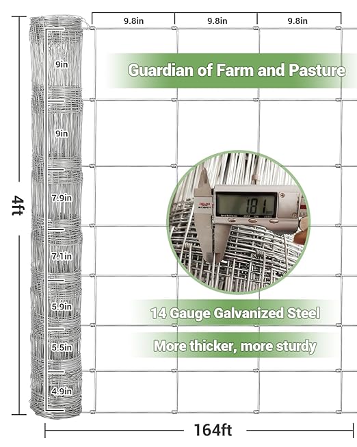Farm Fence for Cattle Goat Deer Hog, 4ft x 164ft Heavy Duty Galvanized Cattle Fence, Zinc Coating Welded Wire Fence for Yard Livestock Animals Protection
