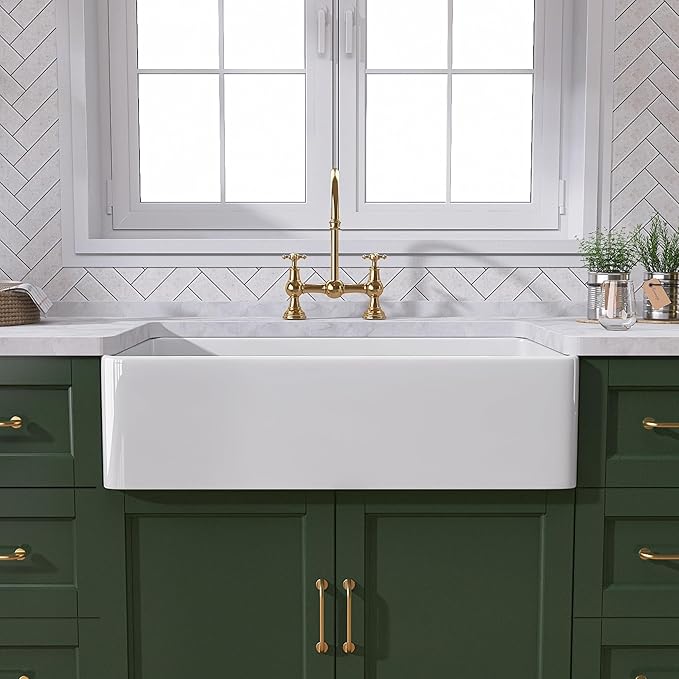 TUKTUK White Farmhouse Sink 30 inch Farm Sink Fireclay Apron Front Single Bowl Kitchen Sinks Deep Drop In Undermount Reversible Heavy Duty Easy-to-Clean Kitchen Basin with Luxury Modern Accessory Kit