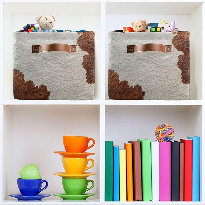 JIPONI Cow Patterning Fabric Storage Bins for Shelves, Decorative Storage baskets for organizing, Closet Organizer with Handle for Cloth, Toys, Bedrooms