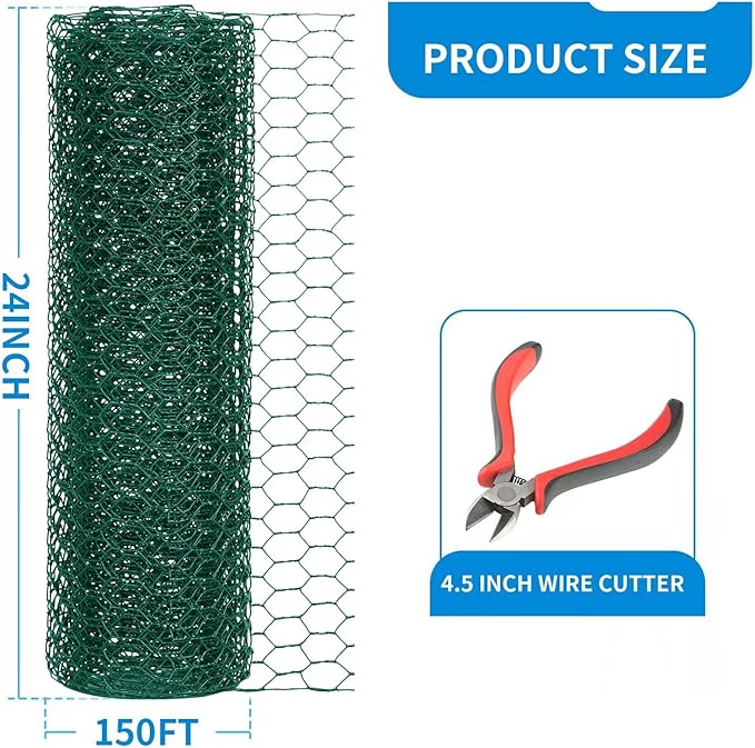 24'' x 150' Green Chicken Wire Fencing, 1 inch Chicken Wire and 19 Gauge Poultry Netting, Garden Mesh Fence Roll for Floral Arrangements/Crafts/Farm/Livestock/Pet Protection