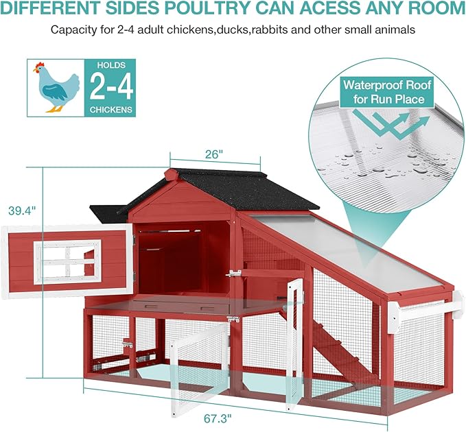 Chicken Coop for 4 Chickens, Mobile Chicken House with with Wheels, Outdoor Hen House Poultry Cage with Nesting Box, Leakproof Pull Out Tray and UV-Resistant Roof (67.3" L x 29" W x 39.4" H-R)