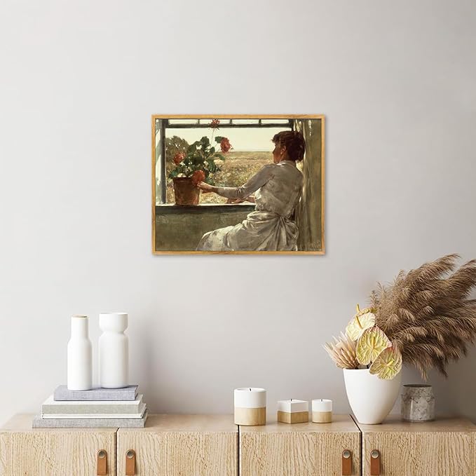Farmhouse Women Painting Retro Landscape Artwork Women Portrait Art Victorian Wall Art Flower in Vase Painting Vintage Woman Picture Nature Scenery Artwork Window View Farmhouse Wall Art 8x10in Framed