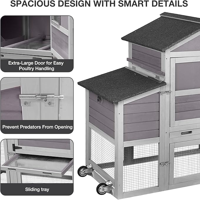 Large Chicken Coop with Wheels, Wooden Hen House with Run & Nesting Box, for 3-5 Chickens, Waterproof Asphalt Roof, Ramp & Leakproof Tray, Expandable - Grey