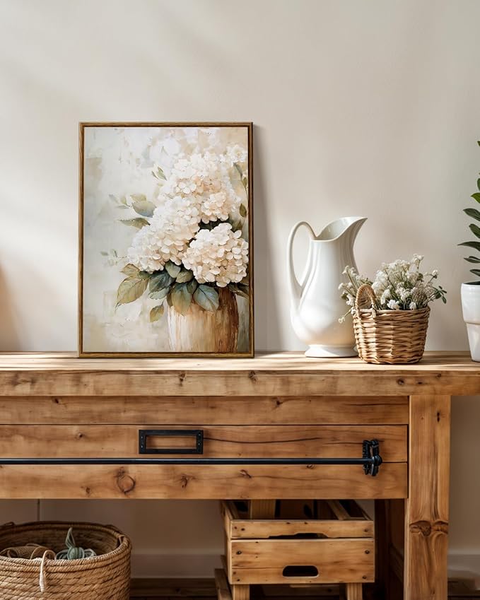 InSimSea Framed Canvas Wall Art Vintage Flower Wall Pictures Room Decor Aesthetic Hydrangea Small Prints Desk Shelf Decor Floral Paintings Farmhouse Artwork for Bedroom Bathroom Office Kitchen 12x16in