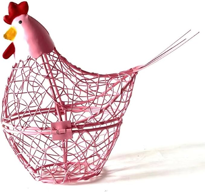 Chicken Wire Egg Basket Egg Holder Farmhouse Rustic Vintage Rooster Decor Chicken Shaped Egg Basket Fruit Storage Wire Basket For Collecting And Countertop Storing Egg (Pink)