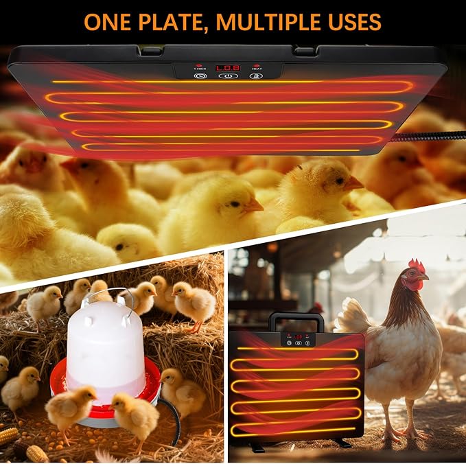 2 in 1 Winter Chicken Coop Heating Kit with Smart Thermostat, 15.7" x 12" 200W Adjustable Coop Heater for 20 Chicks & 75W Heated Waterer, 3 Temp Settings & 5 Timer Modes, Energy Efficient for Chickens