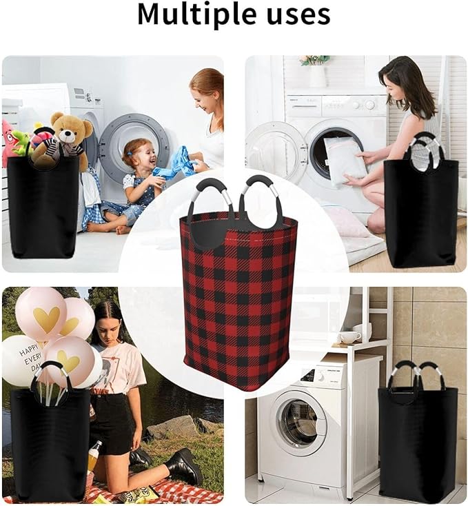 Red Buffalo Plaid Laundry Basket Red Black Checkered Foldable Laundry Hamper Vintage Collapsible Laundry Baskets with Handles Clothes Hamper Laundry Tote Bag for Dorm Family Storage Bin 50L