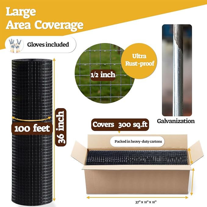 HORCH Hardware Cloth 1/2 inch 36 x 100 ft 19 Gauge, Chicken Wire Mesh Roll, Chicken Wire Fencing, Wire Fence Roll, Wire Mesh Fence, Tree Guard, Mesh & Wire Cloth, Rat Wire, Hardware Mesh