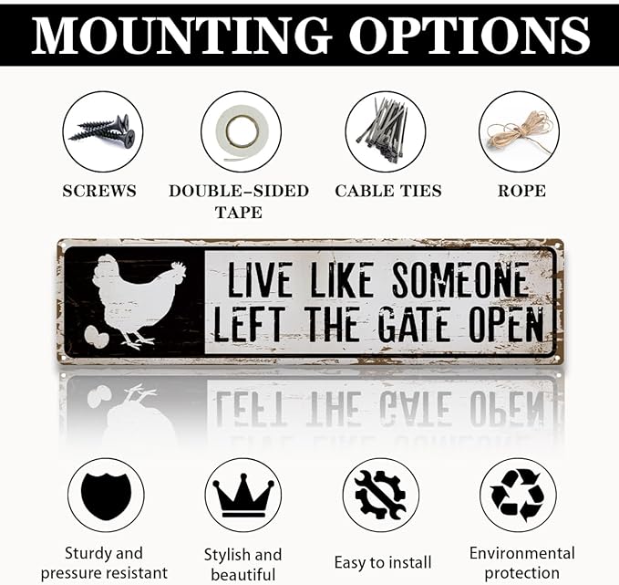 Farm Decor, Live Like Someone Left the Gate Open Sign, 15.8x4 inches, Hens Chicken Decor Signs, Retro Metal Tin Sign for Home Garden Yard Decors, Farmhouse Wall Decoration for Outdoor