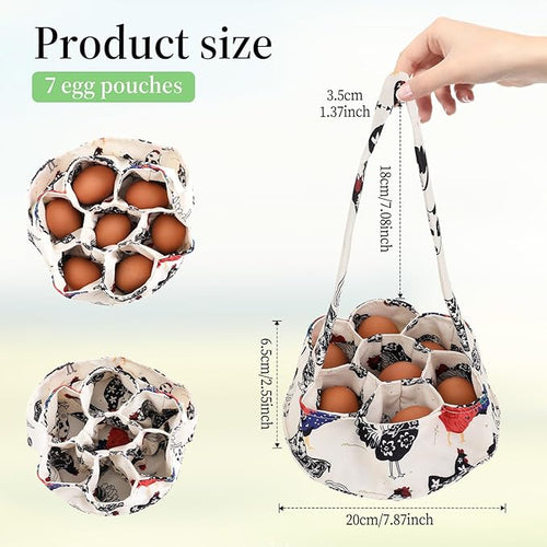 1 Pc Egg Collection Basket, Farmhouse Chicken Egg Holder with 7 Bags, Handheld Egg Purse Egg Basket for Collecting Fresh Eggs, Housewife Garden Transport Storage(Beige Chicken)