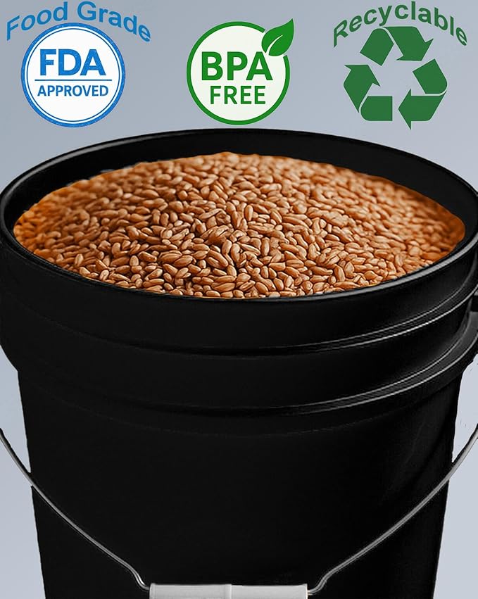 5-Gallon Bucket Only – No Lid Included, Made in USA, Food Grade BPA Free Plastic, Heavy Duty Multi-Use, Metal Handle with Grip, Stackable Storage – Black, 3 Pack