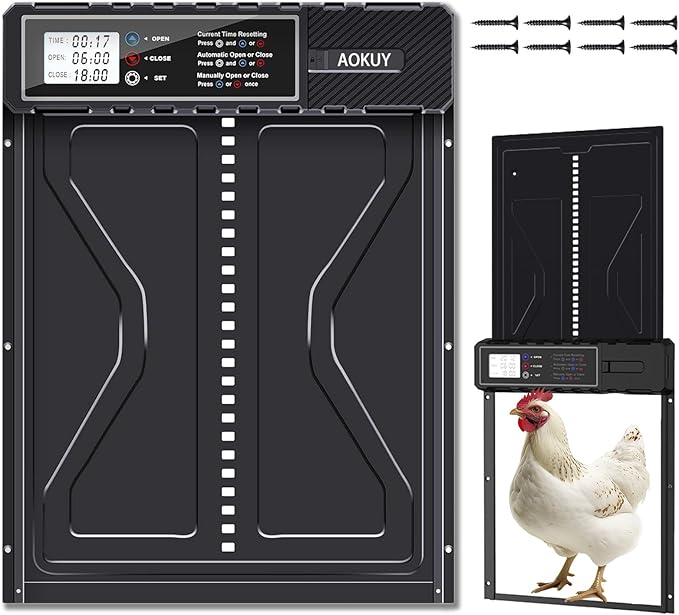 Automatic Chicken Coop Door with LCD Timer – Battery Powered Auto Open/Close, Predator-Proof Aluminum Hen House Door, Weatherproof, Easy Install, Timer-Controlled Coop Door