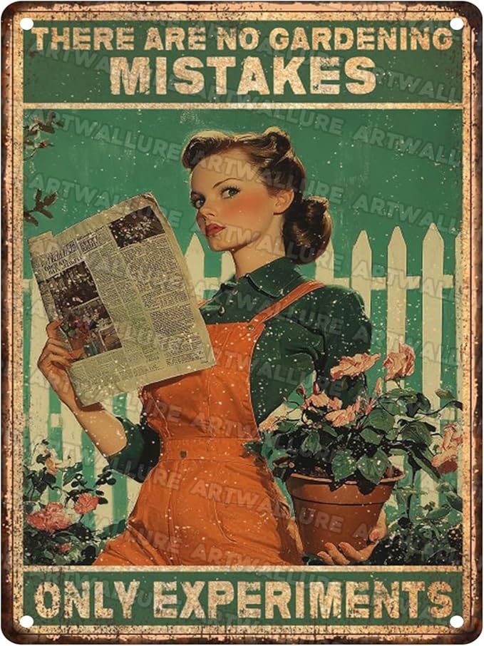 Gardening Girl Metal Tin Sign Rustic Wall Decor Vintage Art There Are No Gardening Mistakes Only Experiments Quote 12x16inch