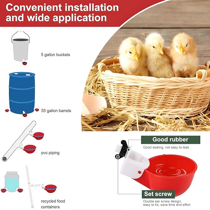 20 Pack Chicken Waterer Cups 3/8 Inch Large Automatic Chicken Water Feeder for Poultry Water Feeder Kit Chick Waterer with Mounting Hole Opener, Suitable for Ducks, Turkeys, Etc