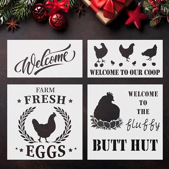 4 Pieces Hen Chicken Farmhouse Stencils Farm Fresh Eggs Stencil Rustic Farmhouse Reusable Stencil Templates DIY Chicken Country Farmhouse Home Decor Stencils for Painting on Wood Fabric Wall Furniture