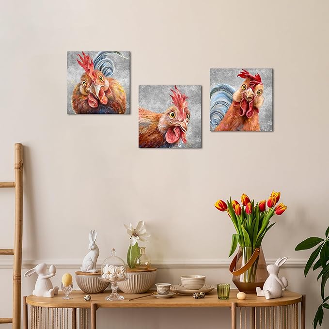 Apicoture Chicken Wall Art Farm Animal Chicken Pictures Kitchen Wall Decor Rooster Wall Art Canvas Prints Framed For Kitchen Dinning Room Living Room Decorations 12"x12"x3 Panels (Gray)
