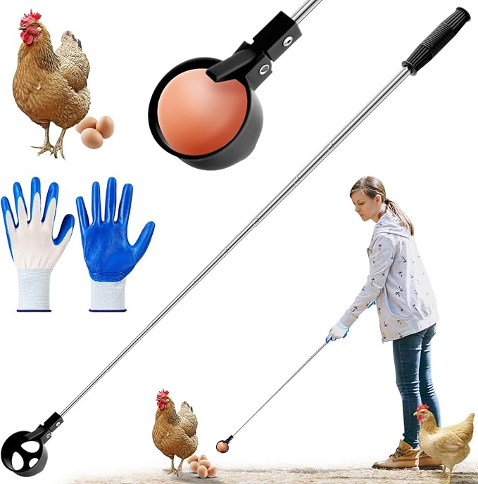 Lounsweer Egg Grabber for Chicken Eggs,15.7-76inch Extendable Stainless Steel Egg Picker Tool with (1pcs Extended Handle&1pair Non-Slip Gloves) for Picking from Coop Poultry Nest Farm Use (Blue)