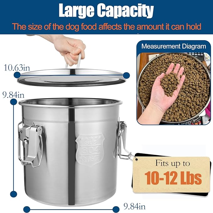 Stainless Steel Dog Food Storage Containers with Airtight Lid and Locking Clamp, Fits up to 12Lbs, Large Pet Food Storage Container Metal Pet Food Bin for Dogs, Cats & Birds Seed, Keep Fresh