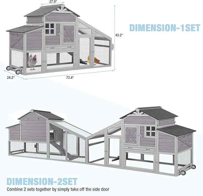 Large Chicken Coop with Run and Wheels, Wooden Hen House with Nesting Box and Waterproof Roof, Poultry Cage with Leakproof Tray, Rabbit Hutch, Bunny Cage Outdoor, Chicken Tractor for 4 Chickens (Grey)