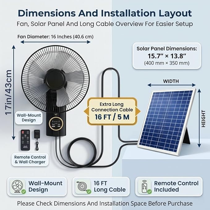Rechargeable Outdoor Solar with Remote Control, 16" Wall Mounted Fans Oscillating Indoor with Remote Control, Solar Exhaust Fan for Chicken Coop, 3 Speeds, Timer, Adjustable Tilt