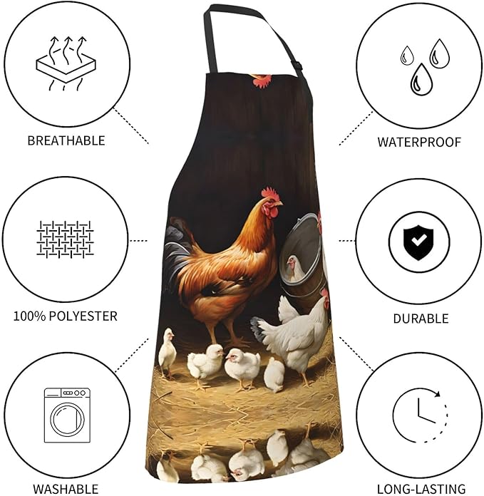 Farm Chickens Waterproof Apron For Adults With Two Large Pockets,Adjustable Neck And Waist Ties,Full-Length Bib Design-Polyester Fabric