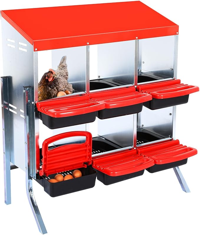 Chicken Nesting Boxes, 6 Holes Metal Chicken Egg Laying Box with Swing Perch and Rollout Egg Collection,for Various Chicken Breeds with Stand - Red 0.6mm