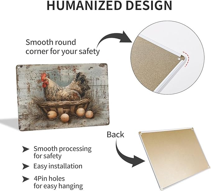 Rustic Farmhouse Hen Chicken in Basket with Eggs tin sign Vintage Rustic Farmhouse Chicken and Eggs metal sign print Suitable for room bathroom cave bar cafe garage garden and outdoor decoration