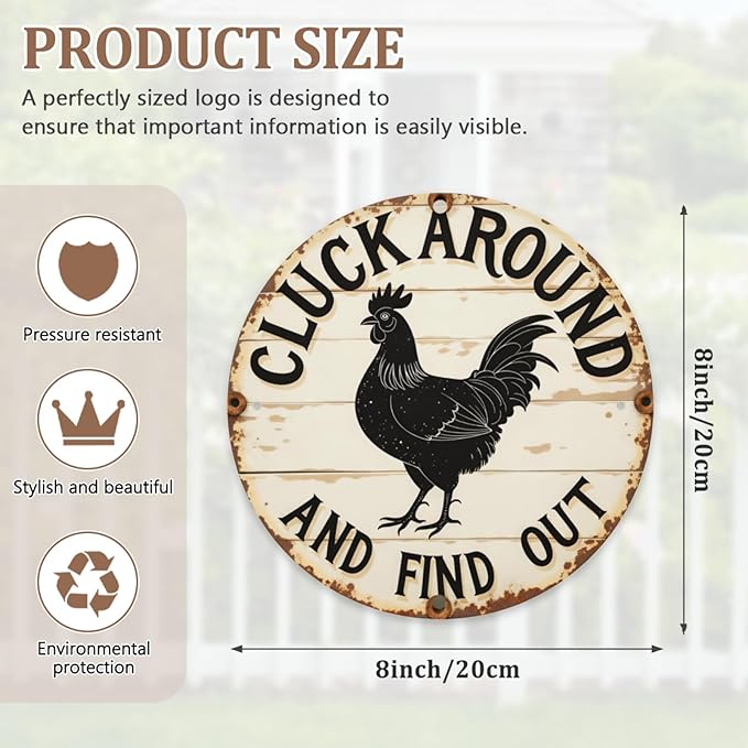 Cluck Around And Find Out Chicken Vintage Rustic Aluminum Metal Round Wall Sign, 8-inch Indoor Outdoor Gifts And Decor for Home, Office, Cafe & Yard Farm