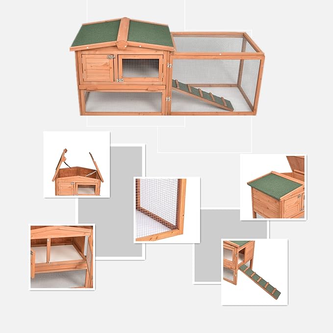 GOJOOASIS 60" Chicken Coop Outdoor Wooden Rabbit Hutch Poultry Cage with Run & Wire Fence for Backyard