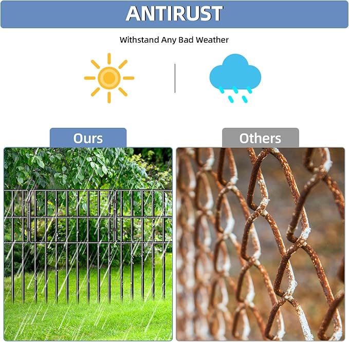 17in(H) x10ft(L) Garden Animal Barrier Fence, No Dig Decorative Fences, 1.5in Spike Spacing Rustproof Metal Garden Fence Border for Dogs Rabbits, Bottom Blocker for Outdoor Yard Patio