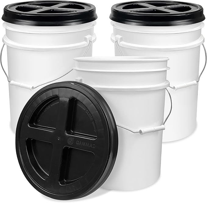 ePackageSupply 5 Gallon White Bucket with Black Gamma Seal Screw on Airtight Lid | Made in USA | Food Grade | Heavy-Duty HPDE Plastic | Durable 90 Mil Pail | Easy Stack and Store | BPA Free (3 Count)