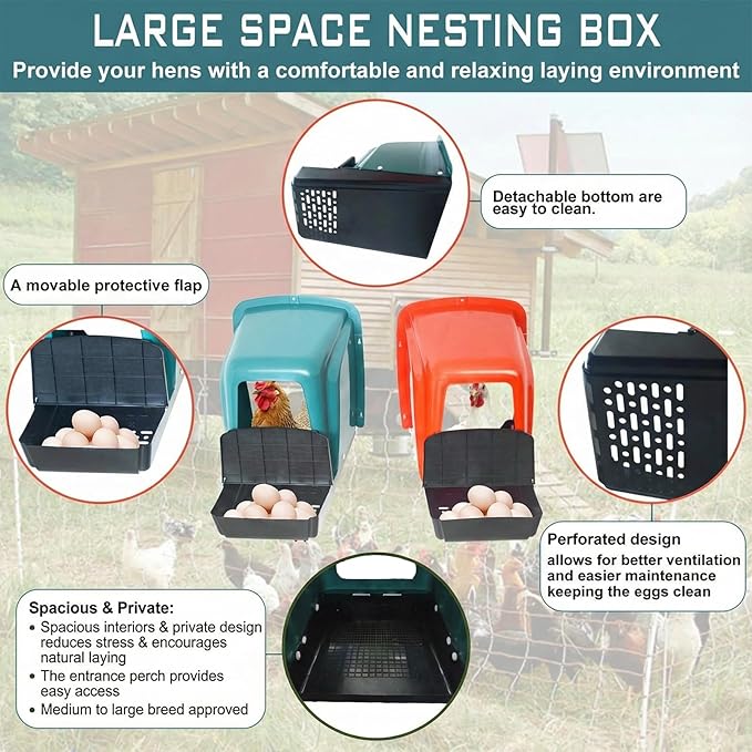 12-Pack Nesting Boxes for Chickens, Roll Away Chicken Laying Boxes - Durable Plastic Chicken Nesting Boxes for Hens, Coop Accessories with Perch for Easy Egg Collection