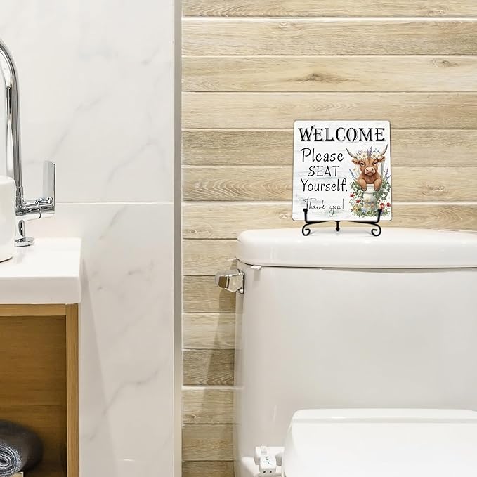 Funny Highland Cow Bathroom Decor, Cow Gifts for Women, 5 Inch Rustic Wooden Plaques for Farmhouse Restroom, Welcome Please Seat Yourself Thank You Sign - A03