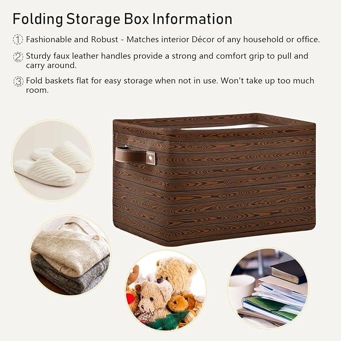 Rustic Grain Storage Bins Collapsible Storage Basket with Metal Frame, Fabric Shelves Bins Closet Baskets with Handles, 2-Pack