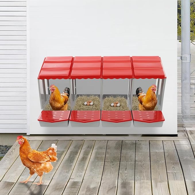 Chicken Nesting Boxes 4 Compartment PP Nesting Box with Inclined Nesting Boxes & Vented Holes Wall Mount Chicken Laying Boxes for Chicken Coop (Red)