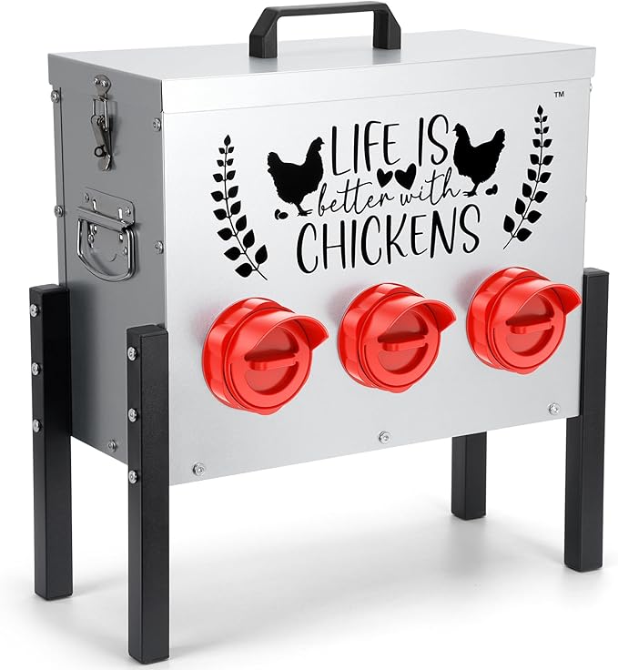 TGEYD 30 lb Chicken Feeder with 6 No-Waste Ports – Heavy-Duty Outdoor Metal Feeder with Adjustable Height, Locking Lid & Riveted Handles – Rustproof Feed Box for Poultry & Backyard Chickens