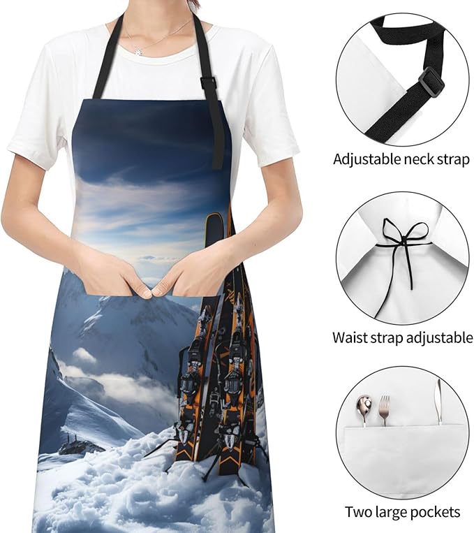 Kitchen Aprons for Men Women Waterproof Apron with 2 Pockets Skis on mountain Apron Adjustable Bib Aprons