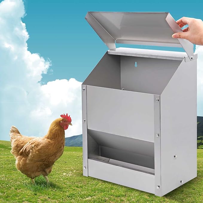 Stainless Steel Hanging Chicken Feeder with Lid No Waste Weatherproof Metal Automatic Poultry Feeder Wall Mount Outdoor Chicken Coop Food Dispenser Feeder for Chickens Ducks (25Lbs)