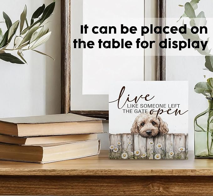 Goldendoodle Wooden Box Sign, Rustic Farmhouse Live Like Someone Left the Gate Open Signs for Home Decor,Farm Dog Office Kitchen Bedroom Decor,Goldendoodle Gifts for Kids Women Men,6x6