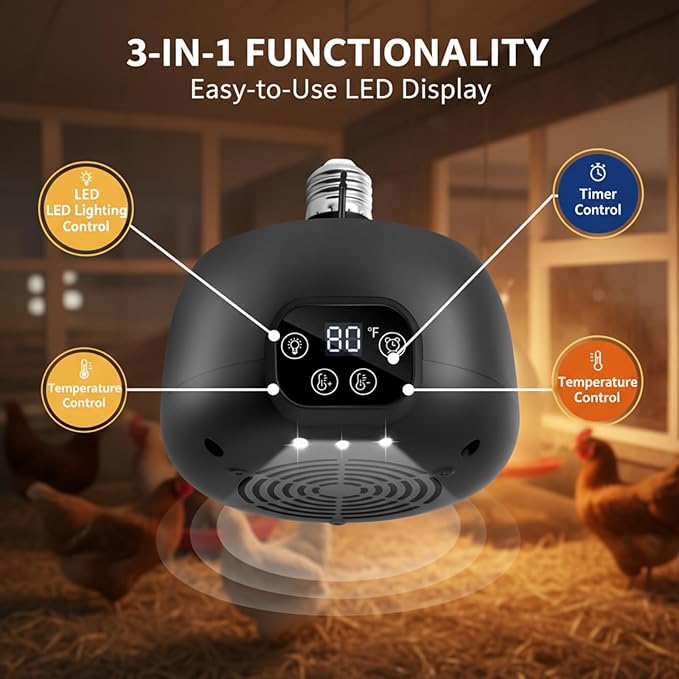 Enhon Chicken Coop Heater with LED Lighting, Adjustable Temperature, Timer & Safety Features – 5 Ft Long Cable Chicken Coop Heating Lamp Perfect for Small Animals and Reptiles(2 Pack)