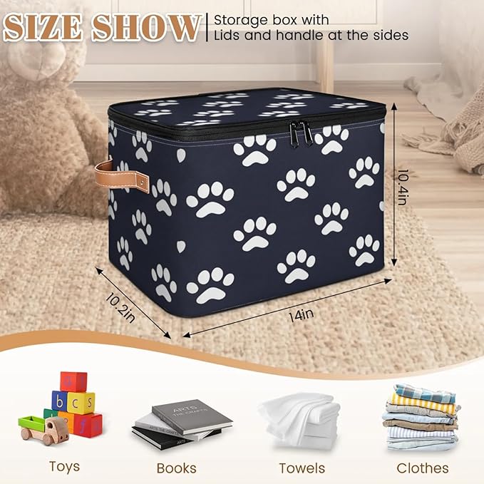 Storage Cubes with Lid Fabric Storage Bins Boxes PU Leather Handles, Dog Paw Print Closet Organizer Container Foldable Washable Shelf Cloth Basket, Dog Paw Print