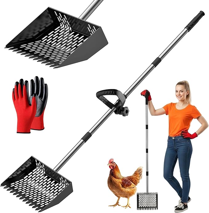 Chicken Poop Scooper & Rake 2-in-1,Metal Coop Shovel 10 inches Sand Sifting Shovel, Chicken Coop Scooper, Adjustable Stainless Steel Handle (35" to 62"), Cleaning Tools for Chicken Coops