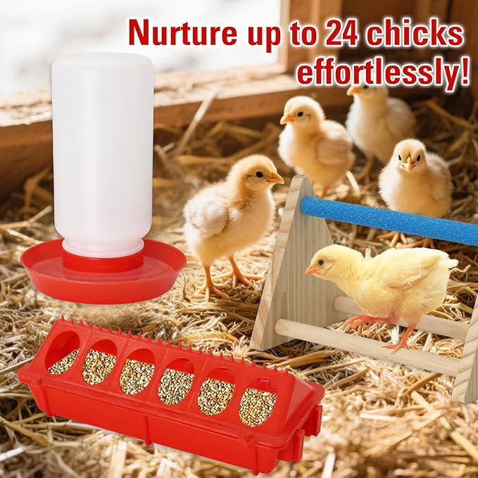 Chick Feeder and Waterer Kit with Mini Perch Chick Starter Kit for Small Poultry Ducks/Quail, Coop Brooder Feeding Supplies