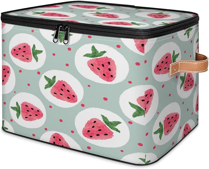Storage Cubes with Lid Fabric Storage Bins Boxes PU Leather Handles, Strawberry Closet Organizer Container Foldable Washable Shelf Cloth Basket, Fruits Cute