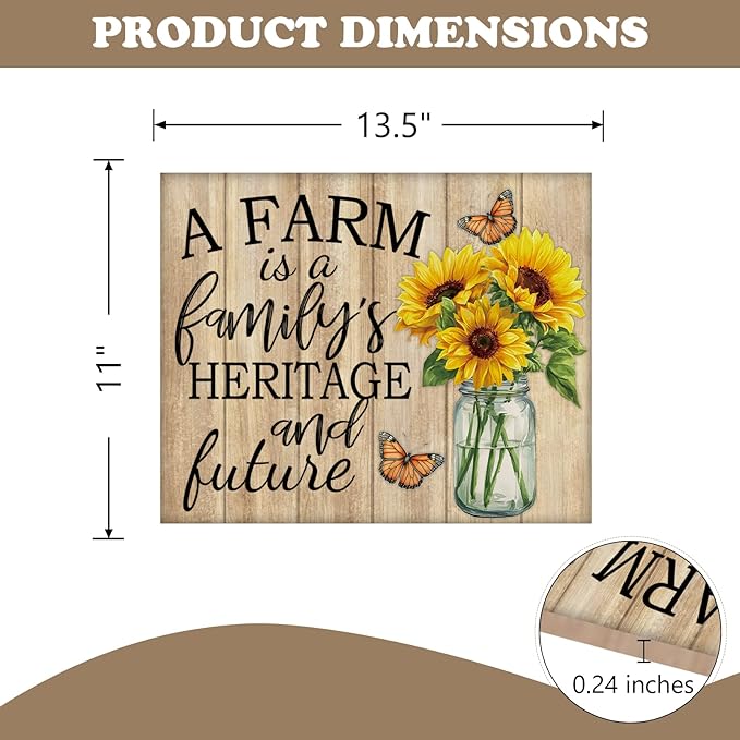 Farm Family Sunflower Front Door Sign, Spring Summer Flower Heritage Future Farmhouse Wood Hanger Home Decor, Fall Autumn Floral Rustic Wooden Wreath Indoor Wall Hanging Decoration